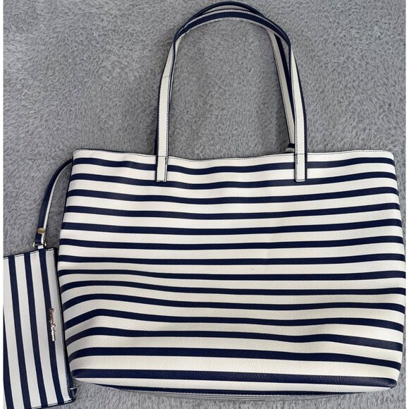 Tommy Bahama Floral Stripe Tote W/Pouch Navy White Faux Leather Travel Beach 90s - Picture 9 of 16